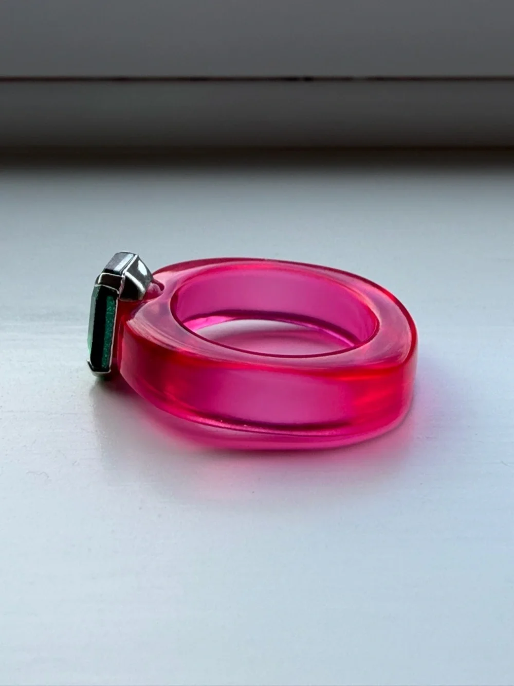 Transparent Pink Resin Ring With Emerald-Cut Green Crystal / Faux Gem - Size 6.5
